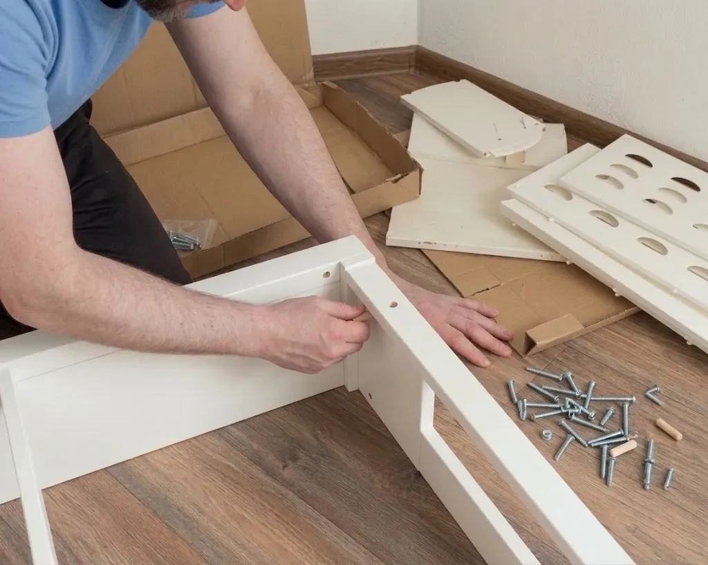Professional furniture assembler using calibrated tools on flat-pack hardware