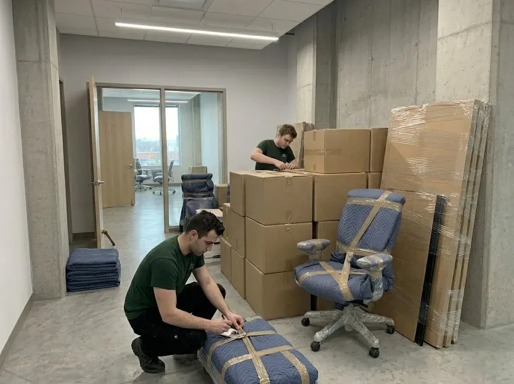 Professional mover securing protective wrap on office equipment