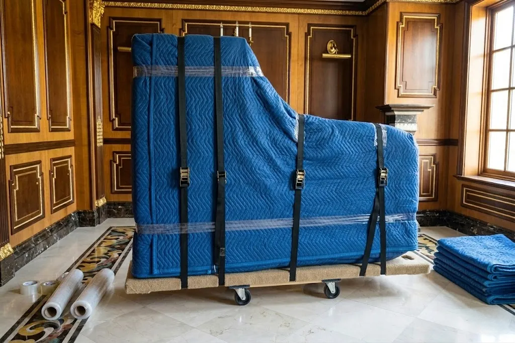 Grand piano secured to a specialized skid board with heavy-duty black straps