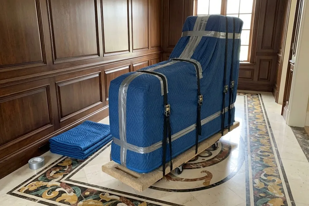 Piano wrapped in blue moving blankets and secured for transport