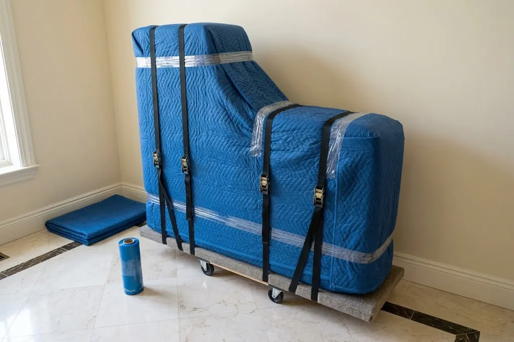 Professional furniture wrap applied to a piano for protection during moving