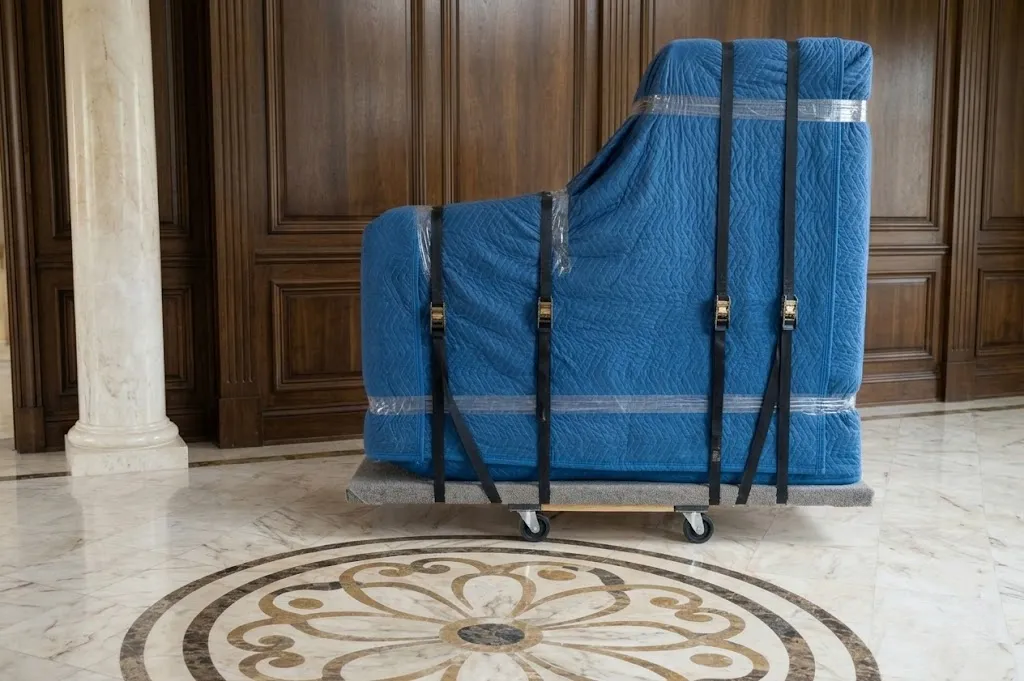 Side profile of a piano encased in protective wrap for transport