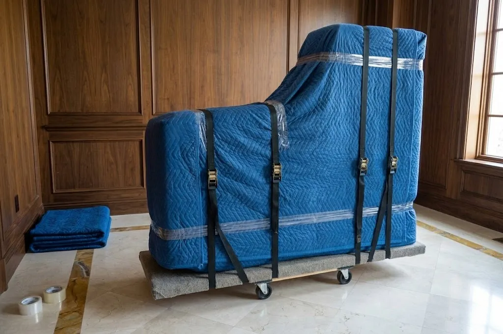 Wrapped piano secured with vertical black straps on a padded moving dolly